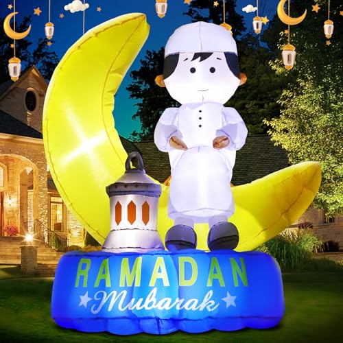 DomKom 6FT Inflatable Ramadan Moon Muslim Decorations, Blow Up Islamic Eid Decor, Holiday Outdoor Decorations and Holy Celebration Décor with LED Lights, Celebrate Fasting, Introspection, and Prayer - style: Ramadan kid