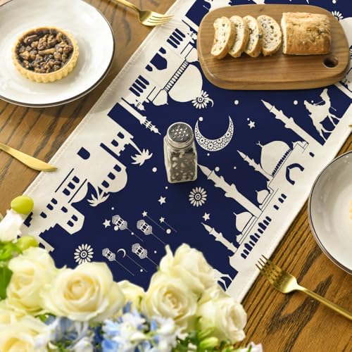 Artoid Mode Blue Silhouette Castle Camel Ramadan Table Runner, Seasonal Kitchen Dining Table Decoration for Home Party Decor 13x72 Inch