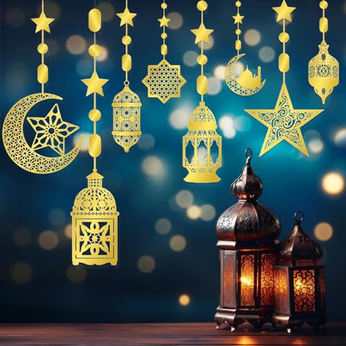 16 Pcs Ramadan Decorations, Ramadan Home Hollow Banner Hanging Moon Stars Lantern Pattern for Birthday Festival Wedding and Party Wall Decor