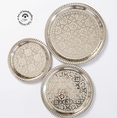 Moroccan Tea Tray Serving Cocktail Silver Handmade Fez Small Or Large Round (9/11/13/15 Inches) (9 Inches) - size: 9"