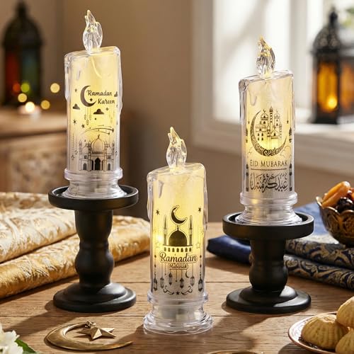 VIHOSE 3 Pcs Ramadan Decorations for Home Eid Mubarak Flameless Candles LED Battery Operated Candles Muslim Moon Decorative Lights for Home Muslim Ramadan Decorations
