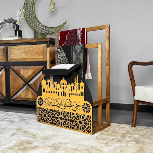 Elegant Wooden Quran Holder & Prayer Mat Holder – Islamic Home Décor, Prayer Rug Organizer, Ramadan & Eid Gift, Decorative Wooden Islamic Accessories, Quran Display Holder for Mosque & Home Gold-Black - color: Gold-black