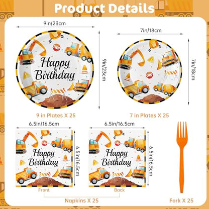 100 Pcs Construction Birthday Party Supplies - Construction Themed Plates and Napkins Forks Set, Disposable Dump Truck Tableware for Boys Kids Birthday Party Decorations Favors, Serve 25 Guests - style: Construction