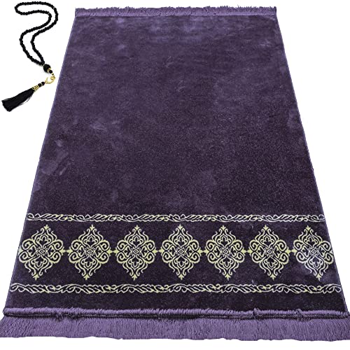 Modefa Turkish Islamic Prayer Rug - Large & Wide Soft Velvet Janamaz - Comfortable Muslim Praying Mat for Men & Women - Ramadan or Eid Gift - with Prayer Beads Tesbih - Grand Plush (Purple) - color: Purple