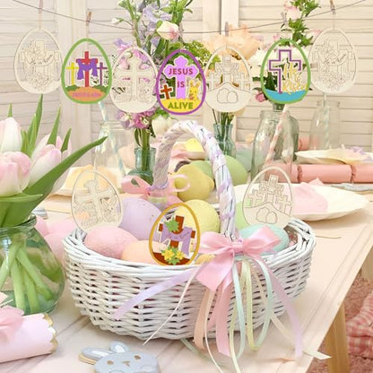 칠할 나무 부활절 장식품 36개, 기독교 DIY 빈 미완성 나무 달걀 컷아웃 공예 걸이 장식 행복한 부활절 할로윈 십자가 그는 부활하신 예수님은 살아있다 토끼 종교적 백합 - color: 할로우 크로스