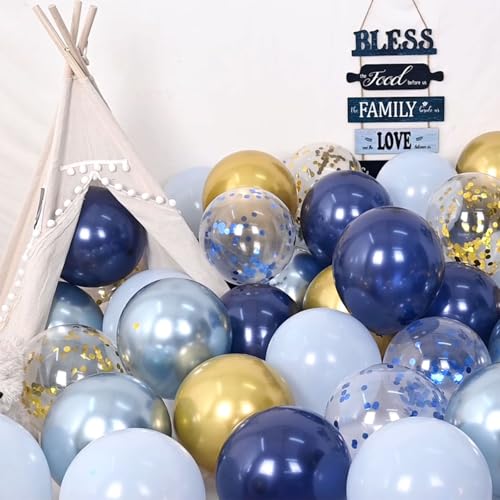 네이비 블루 골드 풍선, 60팩 30.5cm(12인치) 메탈릭 블루 및 마카롱 블루 풍선, 메탈릭 골드 색종이 조각 풍선 포함, 생일, 결혼식, 브라이덜 샤워, 베이비 샤워, 졸업식, 아버지의 날 - color: 네이비 & 라이트 블루 골드