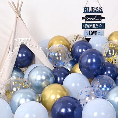 네이비 블루 골드 풍선, 60팩 30.5cm(12인치) 메탈릭 블루 및 마카롱 블루 풍선, 메탈릭 골드 색종이 조각 풍선 포함, 생일, 결혼식, 브라이덜 샤워, 베이비 샤워, 졸업식, 아버지의 날 - color: 네이비 & 라이트 블루 골드