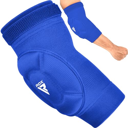 RDX Elbow Pads, Muay Thai MMA Kickboxing Sparring Elbow Guard, Martial Arts Striking Protection,Wrestling Basketball Adjustable MTB Volleyball Compression Padded Sleeve, Men Women - color: Blue White, size: X-Large