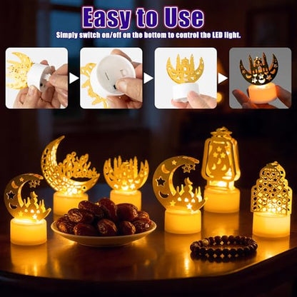 CUweipeng Ramadan Mini Lantern Lights Decoration - 6 Pcs Gold Moon Castle Lighthouse Eid Mubarak Lamp Plastic LED Night Light for Eid Ramadan Party Home Indoor Outdoor Bedroom Tabletop Decoration