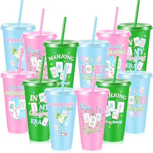 Chuangdi 12 Pcs Mahjong Cups 24 oz for Mahjong-themed Party Supplies | Mahjong Tumblers with Lids and Straws for Game Night, Mahjong Gifts for Women, Mah Jong Birthday Party Decorations - style: Mahjong