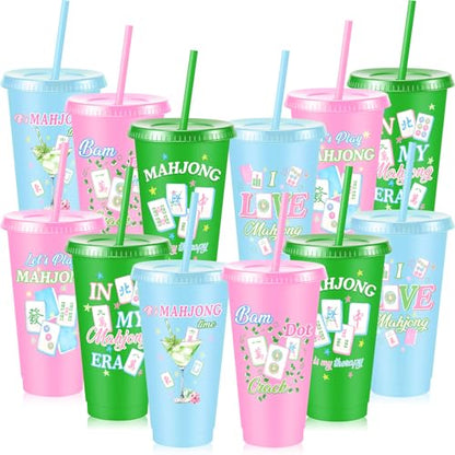 Chuangdi 12 Pcs Mahjong Cups 24 oz for Mahjong-themed Party Supplies | Mahjong Tumblers with Lids and Straws for Game Night, Mahjong Gifts for Women, Mah Jong Birthday Party Decorations - style: Mahjong