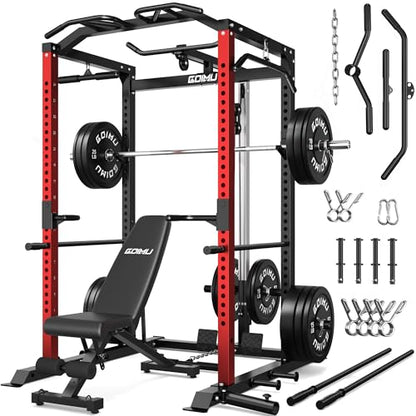 C1-V4 Power Cage, 2000LBS Squat Rack with LAT Pulldown, Multi-Function Weight Cage Strength Training Machine, Workout Cage with More Attachments for Home Gym Garage - style: 340LBS RD Home Gym Package
