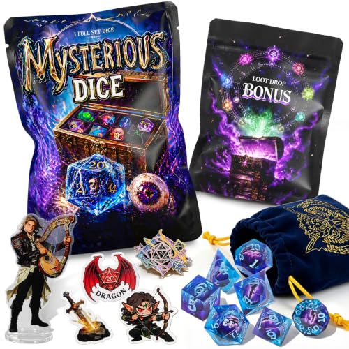 QMAY Resin Mystery D&D Dice – 7 Sharp Edge Polyhedral RPG Dice + Bonus Loot - style: 1 bag Sharp Edge Resin Dice + Bonus