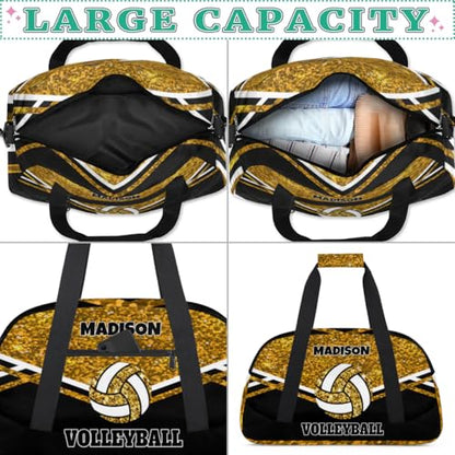 Custom Volleyball Bag with Name, Personalized Sports Bag for Teens Waterproof Weekender Carry Training Travel Bag, Gold Sequins Glitters with Black (Not real Glitter) - color: Gold Black