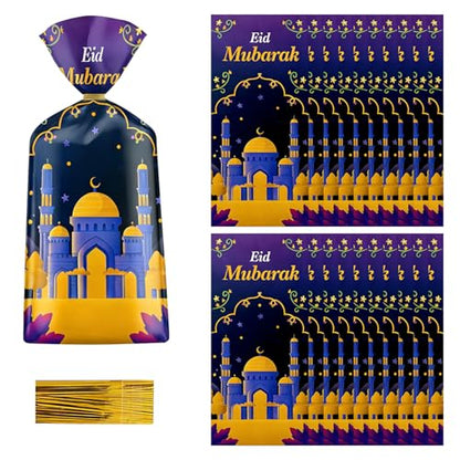 100 Pcs Eid Mubarak Cellophane Bags 4 Styles Ramadan Cello Bag Moon Star Castle Candy Bags with Twist Ties Multi-Color Treat Gift Bag for Goodies Ramadan Festival Party Favor