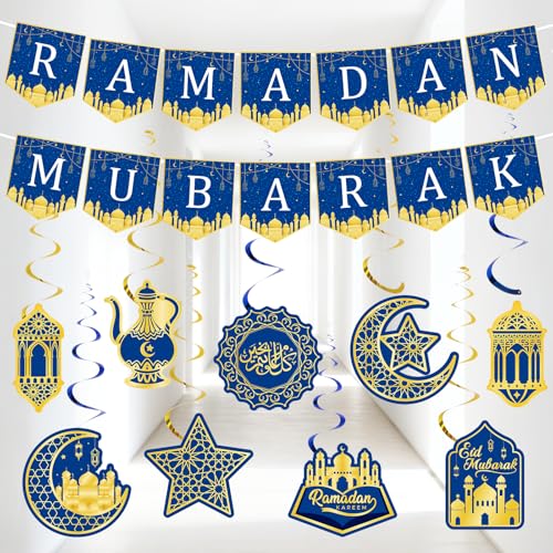 Ramadan Eid Mubarak Decorations for Home,Ramadan Mubarak Eid Kareem Muslim Banner Hanging Swirls Garland Decor Party Supplies for Eid Al-fitr Islamic Muslim Home （Blue） - color: Blue