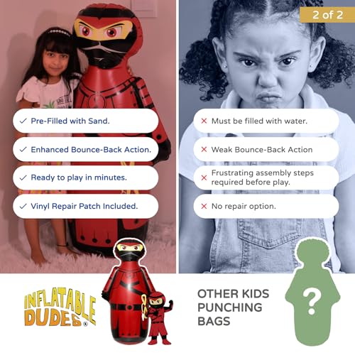 INFLATABLE DUDES Red Ninja Toy 47” - Kids Punching Bag | Sand-Base | Bop Bag, Pre-filled with Sand, Inflatable Toy, Punching Bag for Kids, Enhanced Bounce-Back Action, Indoor/Outdoor - color: Red Samurai Standard Ninja | Pre-filled with Sand
