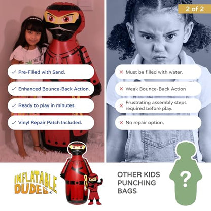 INFLATABLE DUDES Red Ninja Toy 47” - Kids Punching Bag | Sand-Base | Bop Bag, Pre-filled with Sand, Inflatable Toy, Punching Bag for Kids, Enhanced Bounce-Back Action, Indoor/Outdoor - color: Red Samurai Standard Ninja | Pre-filled with Sand