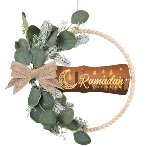 HPNIUB Ramadan Door Sign, Eid Mubarak Decoration for Muslim Home Room, Islam Mubarak Wooden Hanging Sign Wreath, Ramadan Hollow Wall Art for Ramadan Mubarak Party Supplies - size: Ramadan wreath