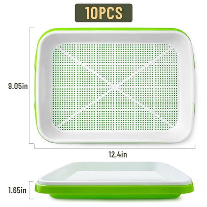 Pack 10 of Seed Sprouter Tray with Drain Holes,Seed Germination Trays Kit BPA Free Nursery Tray,Soil-Free Wheatgrass Tray Sprouter Microgreens Growing Kit (Green-10 Pack)