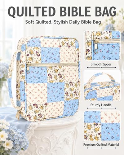 Bible Cover Case for Women Large Bible Bag, Quilted Bible Carrying Case with Handle Church Book Holder Bible Study Supplies Accessories Christian Gifts for Women (Spliced Flower Blue)