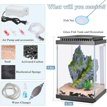 Small Glass Aquarium, 1 Gallon Desktop Fish Tank, Betta Fish Tank, Mini Aquarium Starter Kit with Air Pump LED Light Decoration Water Changer Fish Net (Black) - color: Black