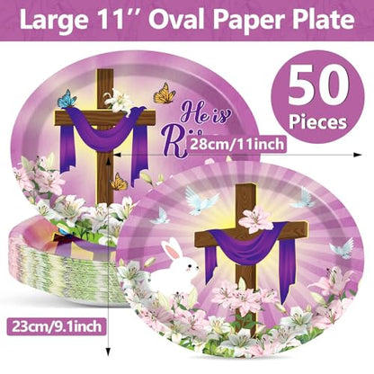 Qyeahkj He is Risen 타원형 종이 접시 대형 27.9cm(11인치) 일회용 예수 십자가 부활절 파티 장식 봄 백합 꽃 용품 종교 그리스도 파티 식기 세트 50개 - style: He is Risen