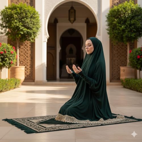 Women's Prayer Dress 2 Pieces Solid Color Plus Long Sleeve | One-Size | Hijab Abaya Suit - color: Dark Green