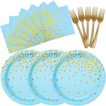 150 PCS Blue and Gold Paper Plates Napkins Forks Party Supplies Serves 50, Golden Dot Disposable Paper Dinnerware 9" Plates for Birthday, Baby Shower, Boy Birthday - color: Blue Gold (Serves 50)
