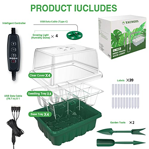 YAUNGEL Seed Starter Tray with Grow Light, 4 Pack Seed Starter Kit with Timing Controller Adjustable Brightness, Thicken Seedling Starter Trays with Humidity Domes Heightened Lids, Gift Box | Seed Starter Kit with LED, 4/8/12/18H Timer, Adjustable Brightn