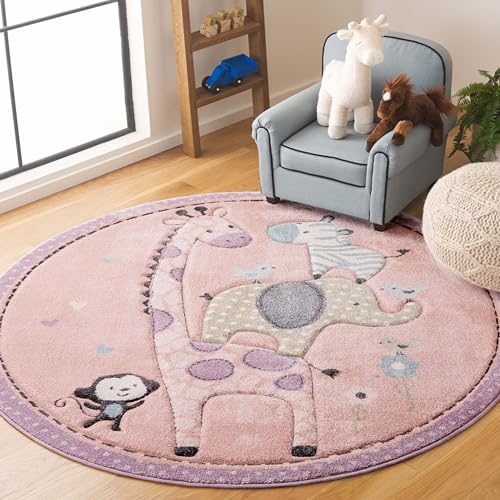 SAFAVIEH Carousel Kids Collection Area Rug - 4' Round, Blush Pink, Animal Design, Easy Care & Non-Shedding, Ideal for High Traffic Areas for Boys & Girls in Playroom, Nursery (CRK120U-4R) - color: Blush Pink, size: 4' (Round)