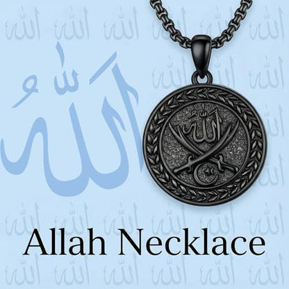 PELOVNY Allah Necklace for Men Women 925 Sterling Silver Islam Allah Pendant Chain Islamic Muslim Religious Jewelry Gifts - color: Allah-04-Black
