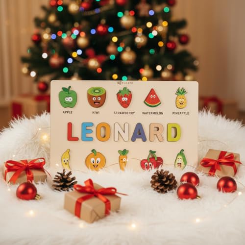 Personalized Name Puzzle for Toddlers 1-3, Customized Baby Girl Gift, Custom Baby Boy Gift, Wooden Name Puzzle for Kids, Custom Baby Stuff, Baby Nursery Room Decor - Set 4 - style: Fruits - 10 Figures