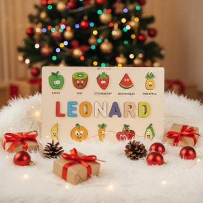 Personalized Name Puzzle for Toddlers 1-3, Customized Baby Girl Gift, Custom Baby Boy Gift, Wooden Name Puzzle for Kids, Custom Baby Stuff, Baby Nursery Room Decor - Set 4 - style: Fruits - 10 Figures