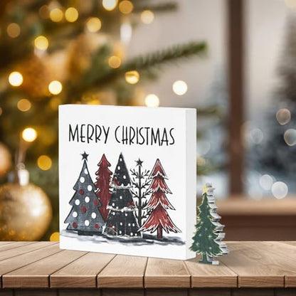 Smile 2Pcs Christmas Tree Decor Merry Christmas Square Wooden Sign | 5 x 5 Inches, Desk Table Shelf Office, Farm Decoration Kitchen - style: Christmas Trees
