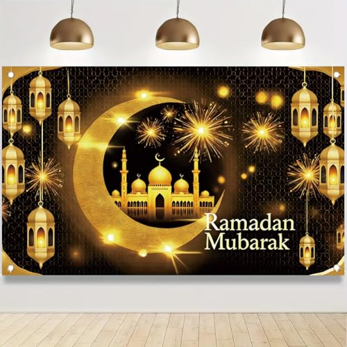Ramadan Mubarak Banner 71x43 Inch Golden Crescent Moon Mosque Lanterns andFireworks lslamic Eid Party Decoration Indoor Outdoor - color: Style 1