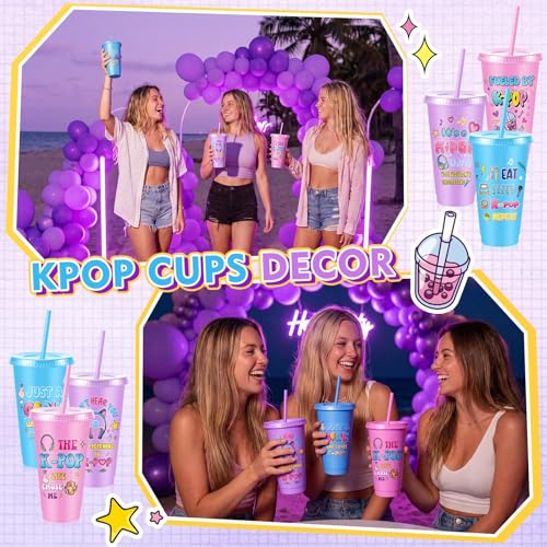 Chuangdi 12 Pcs Kpop Theme Party Supplies 24 oz Reusable Plastic Tumbler with Lid and Straw, K Pop Cups Bulk for Women Kpop Birthday Decorations Popular Singer Party Favors, Korean Music Lover Gifts - style: Kpop
