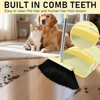 BSKLIN Broom and Dustpan Set for Home, 52" Long Handle Broom Set with Dustpan Teeth to Clean Hair Sweeping Indoor and Outdoor (Yellow) - size: Small-yellow