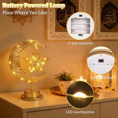 Half Moon Light Metal Ramadan Star Decorative Lamp - Battery Operated, Eid Decorations, Moon Night Light for Kids