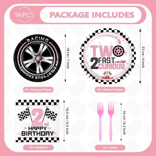 Grencian 96Pcs Two Fast Birthday Party Supplies Pink Race Car 2nd Party Plates and Napkins Checkered Flag Tableware for Kids Girls Racing Car 2 Year Old Birthday Decorations Serves 24 - style: Pink Racing Car 2nd Birthday
