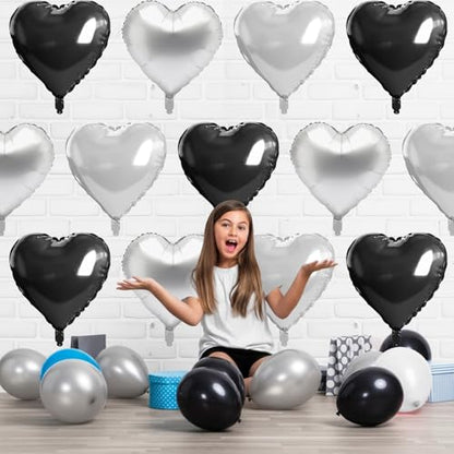 Black Silver Heart Balloons, 10PCS Metallic Foil for Goth Disco Birthday - color: Black Silver