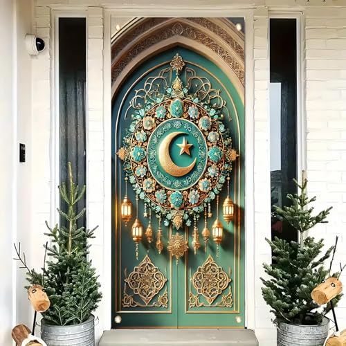 Islamic Moon and Star Door Cover Banner 71x35 Inch Ramadan Eid Mubarak Decoration Arabic Pattern Lantern Design Indoor Outdoor Home Mosque Door Decor - color: Style 2