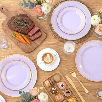 WDF Partyware 175PCS Purple Plates Disposable - Lavender Plastic Plates 25Guests Plastic Dinnerware with Rolled Napkins for Birthday/Spring/Baby Shower/Birthday - color: Purple, size: 175PCS