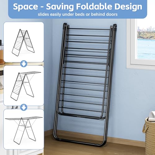 KINGBOARD Clothes Drying Rack Foldable, Drying Rack Clothing with Height-Adjustable, Metal Laundry Rack, Indoor Outdoor Use, No Assembly, 20.47"x 70"x 42.52", Black - color: Black