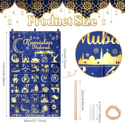 Fabric Ramadan Countdown Calendar 2026 Eid Mubarak Advent Hanging Calendar 30 Days Mystery Eid Ramadan Countdown Calendar with 30 Pockets Reusable for Home Wall Decor Party Supplies