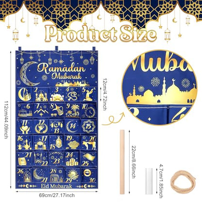 Fabric Ramadan Countdown Calendar 2026 Eid Mubarak Advent Hanging Calendar 30 Days Mystery Eid Ramadan Countdown Calendar with 30 Pockets Reusable for Home Wall Decor Party Supplies