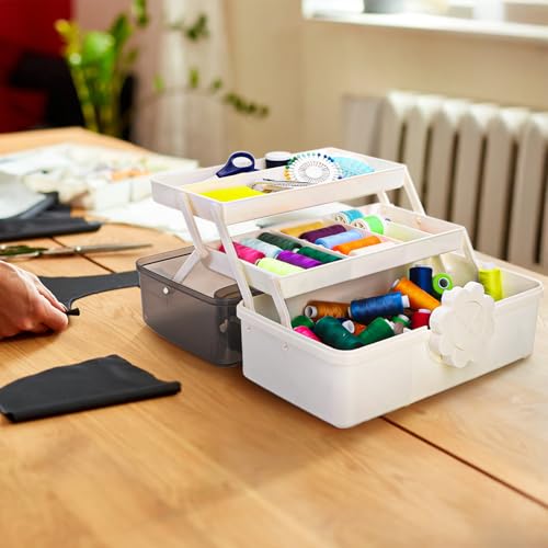 ZOOFOX Three-Layer Plastic Dividing Storage Box, Folding Tool Box Organizer with 2 Trays, Multipurpose Home Utility Case for Medicine, Sewing, Hair Accessories and Cosmetic
