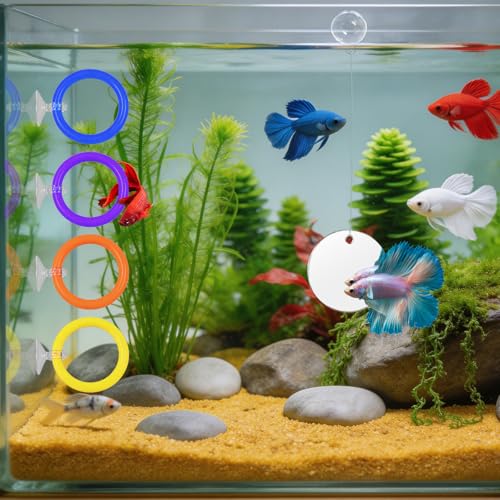 Floating Betta Hammock & Fish Toys Set,7Pcs Betta Fish Tank Accessories Mirror and Exercise Ring with Leaf Hammock Simulates Natural Habitat Comfortable Resting for Betta, Shrimp & Small Fish