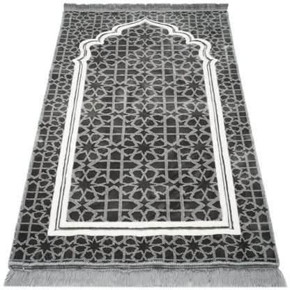 Modefa Muslim Prayer Rug - Large Plush Velvet - Andalus (Grey) | For Islamic prayers, salah. For men or women; thick plush soft praying mat - color: Grey