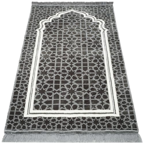Modefa Muslim Prayer Rug - Large Plush Velvet - Andalus (Grey) | For Islamic prayers, salah. For men or women; thick plush soft praying mat - color: Grey